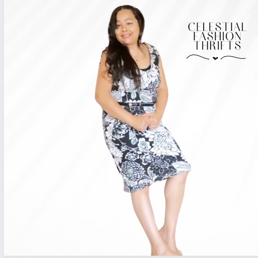 GEORGE MIDI DRESS BLACK. & WHITE FLORAL WIITH BUCKLE WOMENS MEDIUM